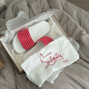 Christian Louboutin White and Red Studded Slides